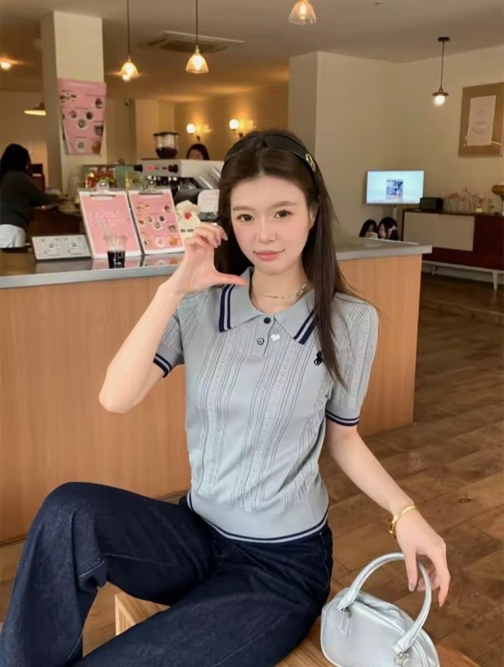폴로 배색카라 꽈배기 반팔니트 국내배송